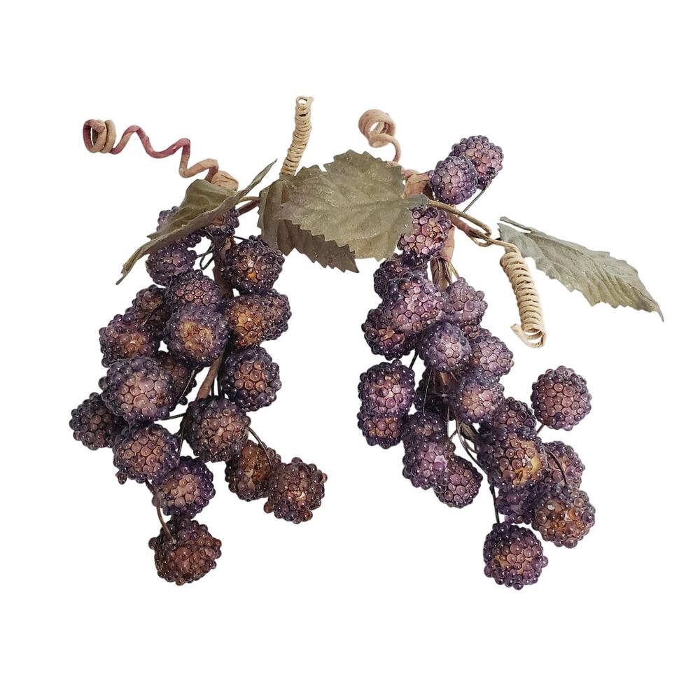 Vintage Beaded Glass Grapes Berry Fruit 8" Purple Floral Leaf Kitchen Decor MCM